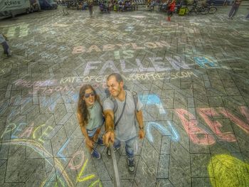 High angle view of people on floor