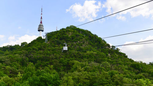 Low angle view of overhead cable car and trees against sky