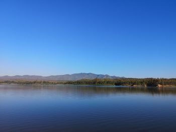 Scenic view of lake against clear blue sky