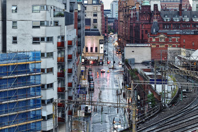 High angle view of buildings in city