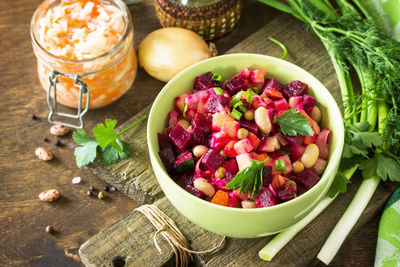 High angle view of fruits in bowl on table