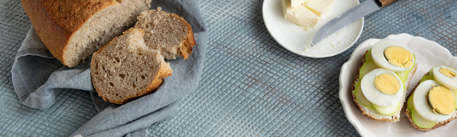 High angle view of breakfast served on table