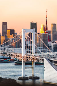 Bridge over river by buildings against sky during sunset