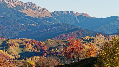 Scenic view of mountains against sky during autumn