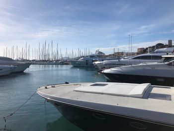 Sailboats moored at harbor against sky