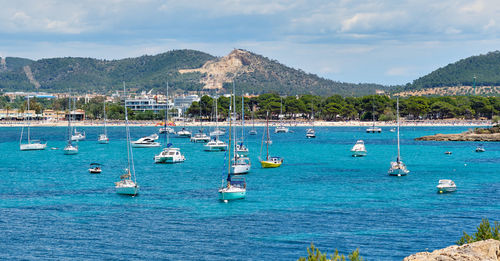 Sailboats in sea against sky