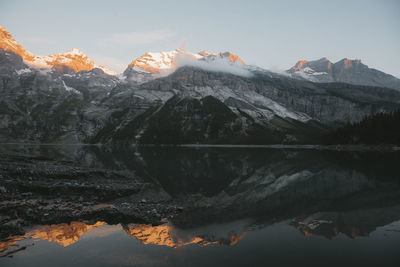 Scenic view of lake with mountains in background