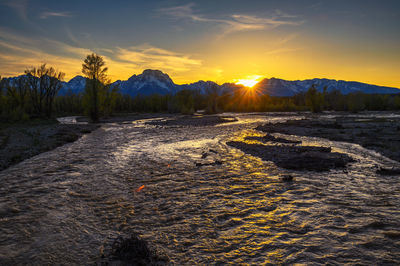 Scenic view of snow covered landscape during sunset