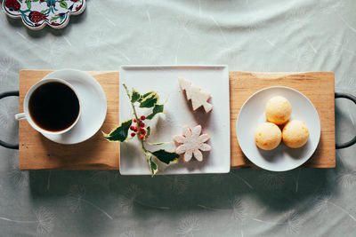 High angle view of breakfast on table