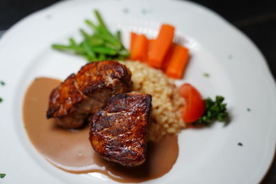 High angle view of food served in plate