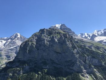 Scenic view of snowcapped mountains against clear blue sky