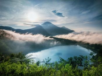 Scenic view of lake by trees against sky