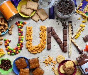 High angle view of word art text made with food 
