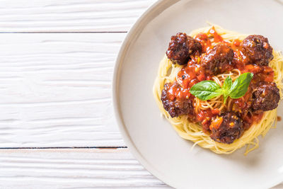 High angle view of food in plate on table