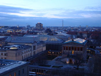 High angle view of buildings in city against sky