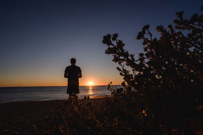 Silhouette man standing at beach against clear sky during sunset