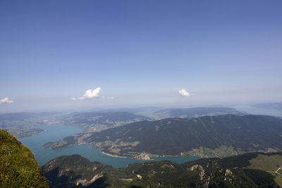 Scenic view of mountains against blue sky