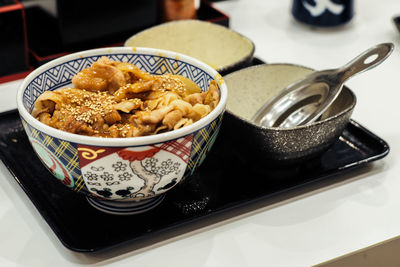High angle view of food in bowl on table