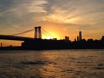 Suspension bridge over river at sunset