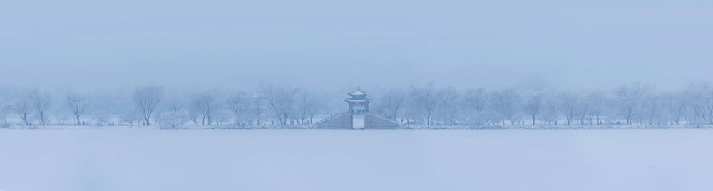 Snow covered land and trees against sky