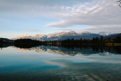 Scenic view of lake by mountains against sky