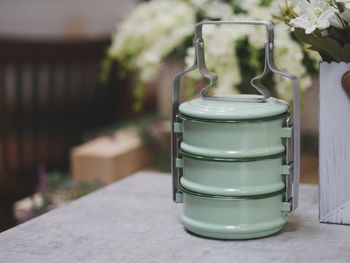 Close-up of glasses on table
