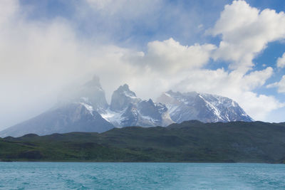 Scenic view of mountains and sea against cloudy sky