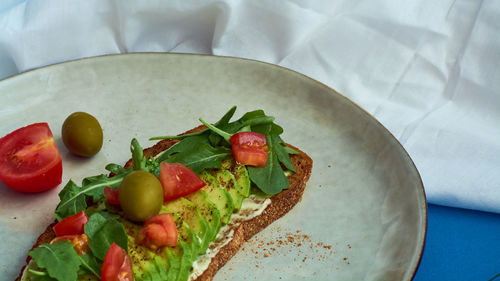 High angle view of breakfast served on table