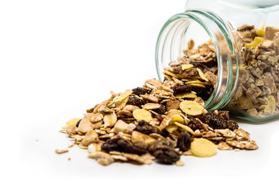 Close-up of food on table against white background