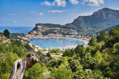 Scenic view of sea and mountains against sky