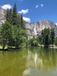 Scenic view of lake by trees against sky