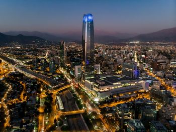 High angle view of illuminated cityscape at night