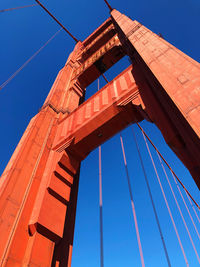 Low angle view of bridge against clear blue sky