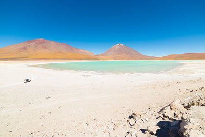 Scenic view of desert against clear blue sky