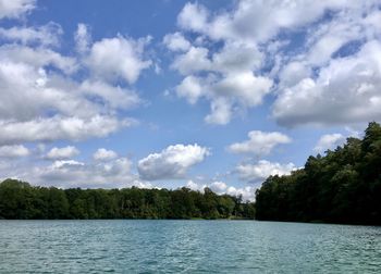 Scenic view of river amidst trees against sky