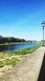 Scenic view of river against clear blue sky