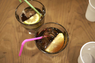 High angle view of drink in glass on table