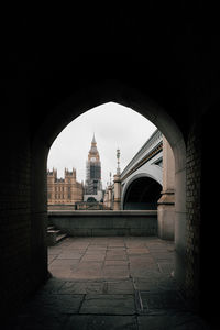 Arch bridge seen through arch in city