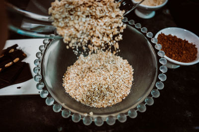 High angle view of rice in bowl on table