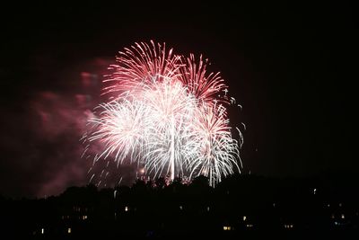 Low angle view of firework display at night