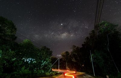 Light trails on road amidst trees against sky at night
