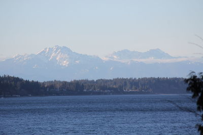 Scenic view of lake and mountains against clear sky