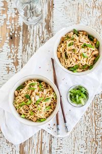 High angle view of fried noodles in bowl on table