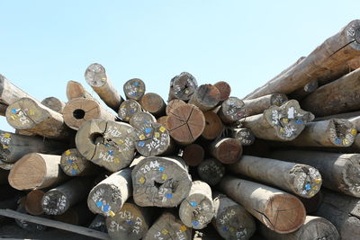 Close-up of stack of wood against clear blue sky