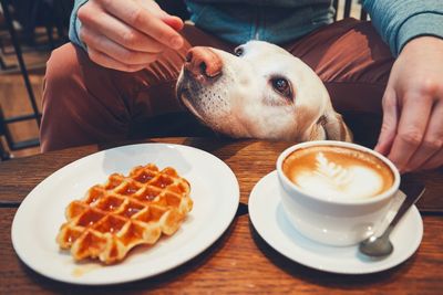 Close-up of man holding coffee cup on table