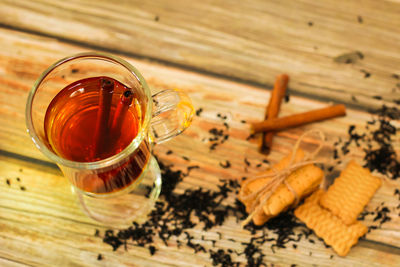 High angle view of tea in glass on table