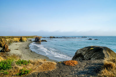 Scenic view of sea against clear blue sky