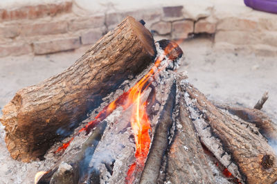 Close-up of bonfire on wooden log