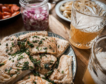 High angle view of drink in jar on table