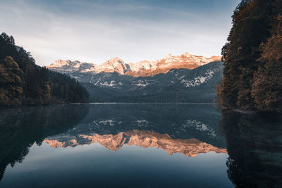 Scenic view of lake and mountains against sky